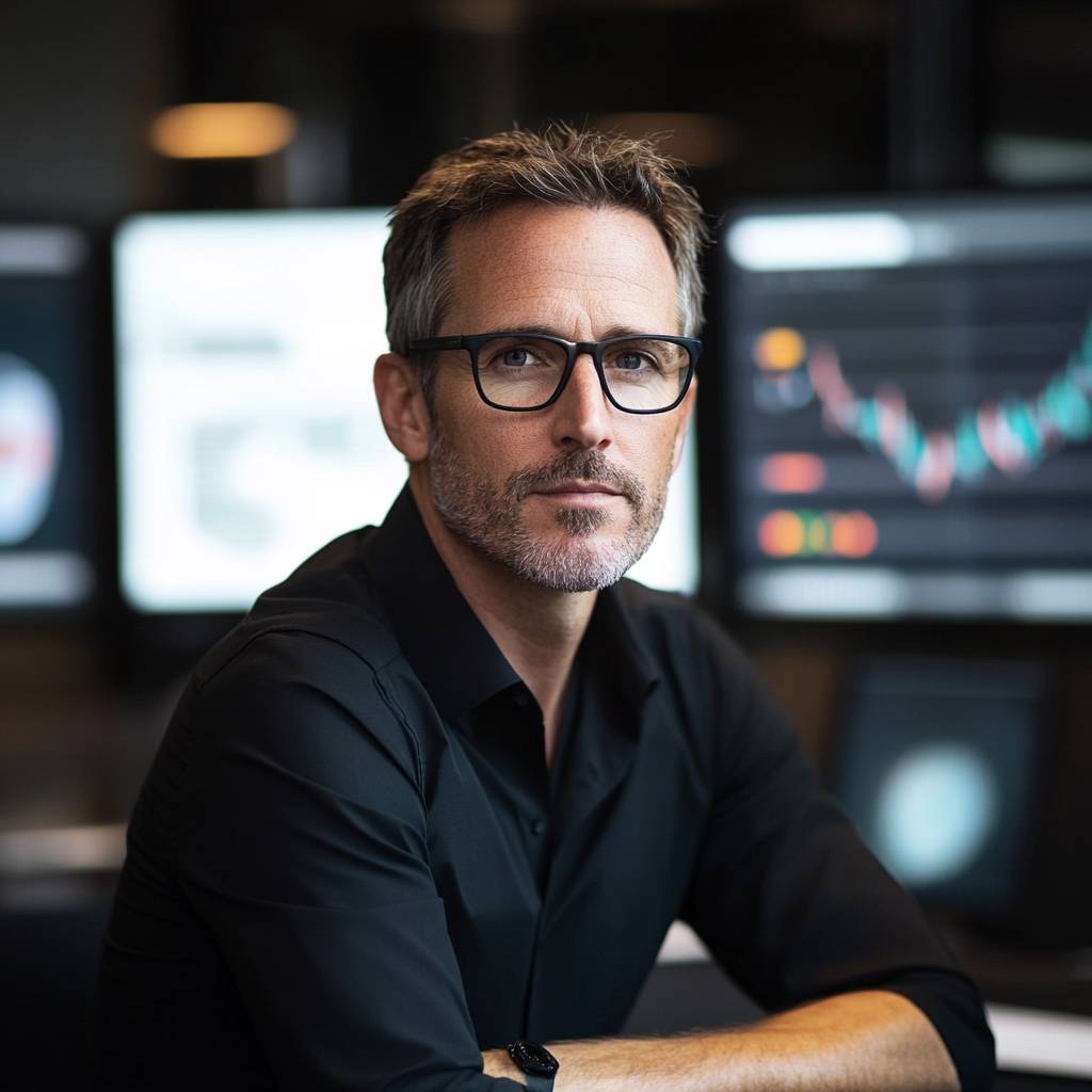 A focused man with glasses and a beard sits in front of multiple screens displaying financial graphs, wearing a black shirt in a modern office setting.