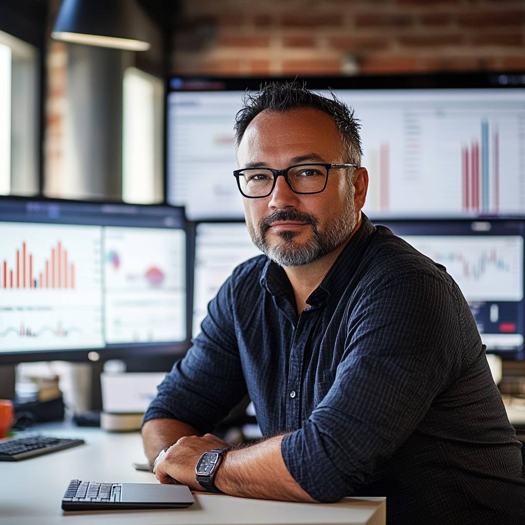 A bearded man wearing glasses sits at a desk with multiple computer screens displaying graphs and data, in a modern office setting.