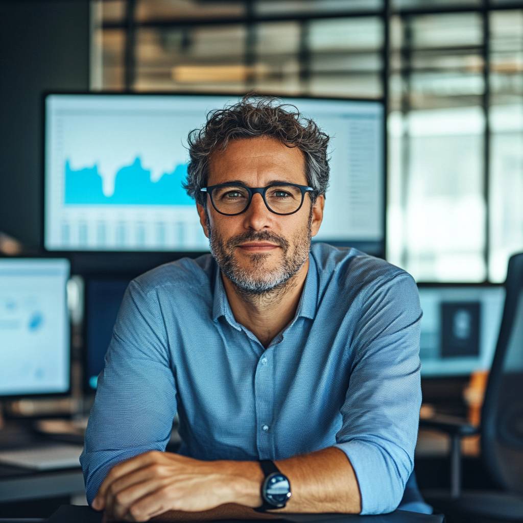 A man with curly hair and glasses sits at a desk, smiling confidently in front of digital screens displaying graphs and data.