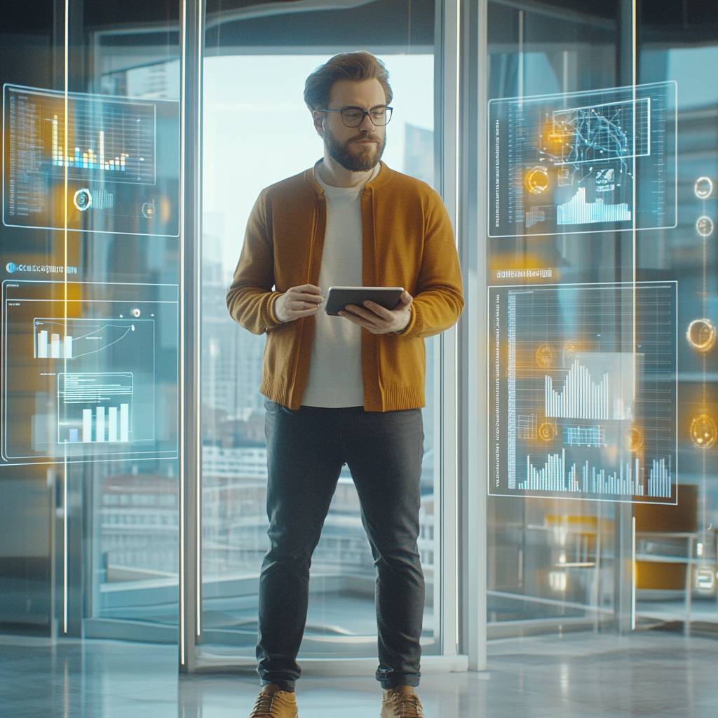 A man with a beard and glasses stands in a modern office, holding a tablet, while interacting with holographic data displays depicting graphs and analytics.