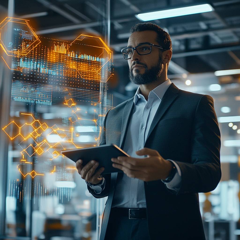 A businessman in a suit holds a tablet while analyzing glowing digital data projections in a modern office environment.