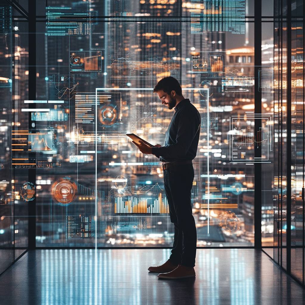 A man stands in a modern office, holding a tablet, with large digital data visualizations and a city skyline illuminated at night in the background.