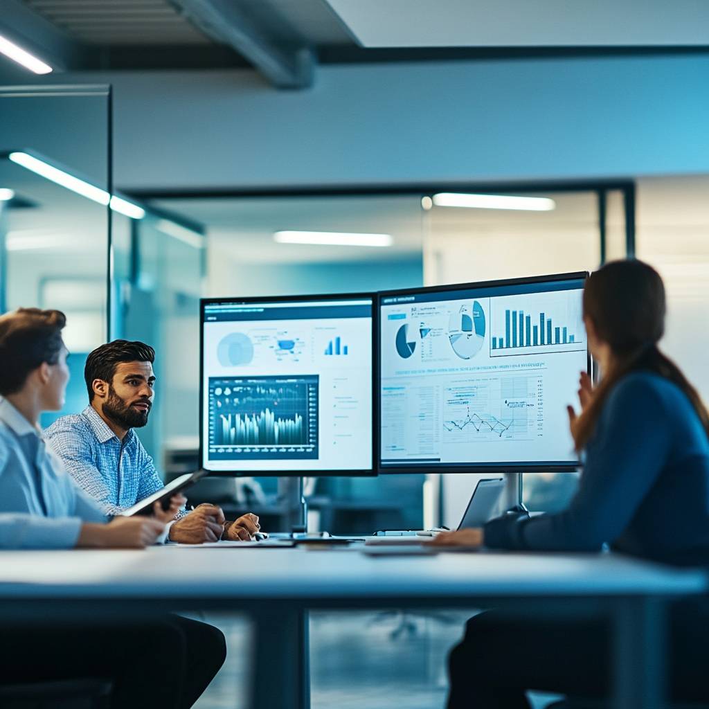 Three professionals in a modern office setting analyzing data displayed on large monitors, featuring graphs and charts during a meeting.