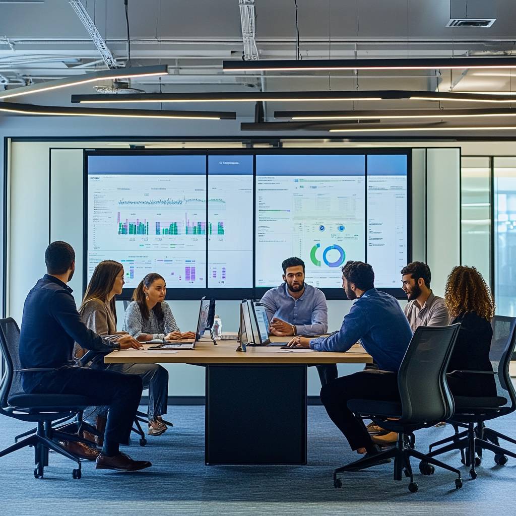 A group of six professionals in a modern conference room discussing data displayed on two large screens with charts and graphs.