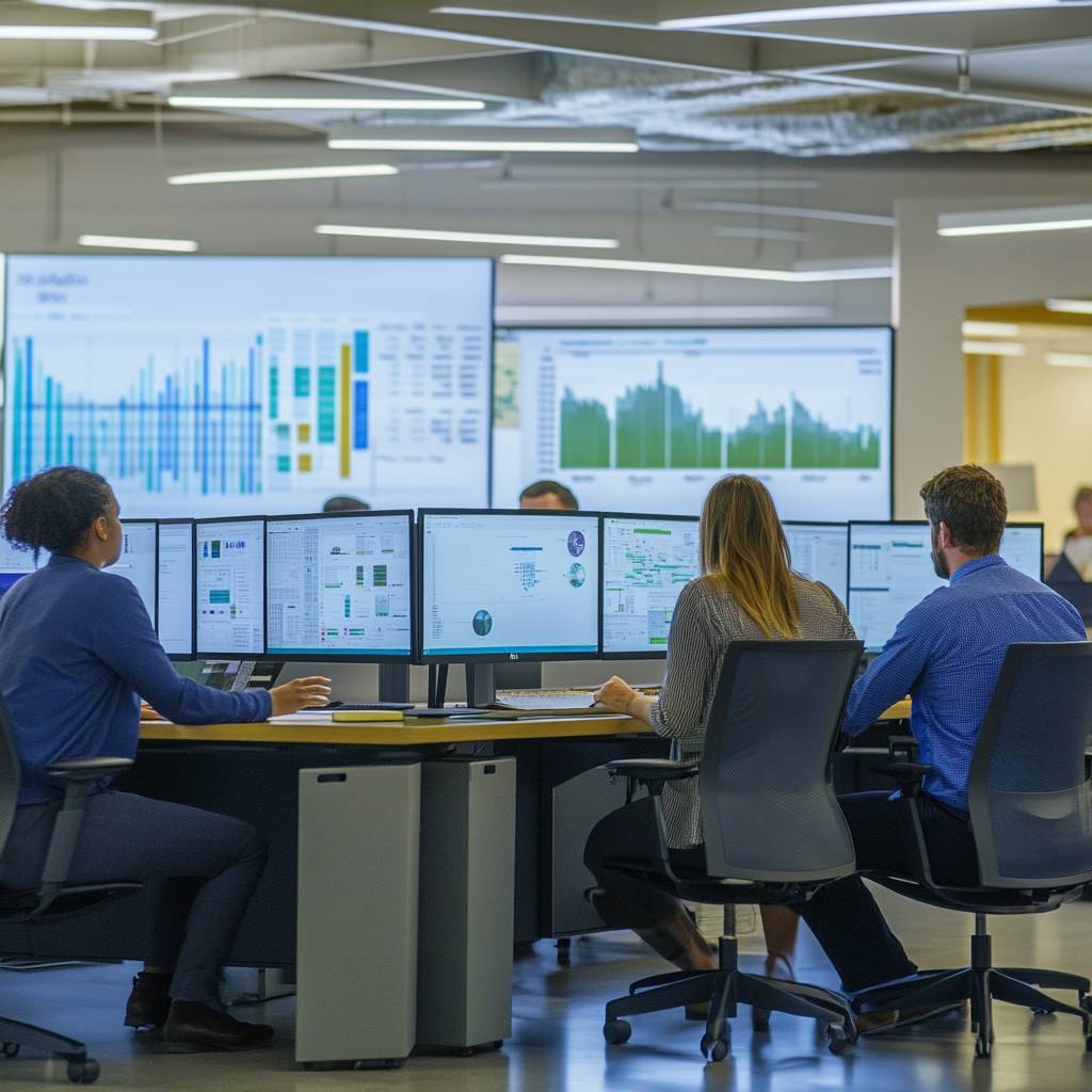 A group of professionals working at a modern office with multiple computer screens displaying data visualizations and analytics.
