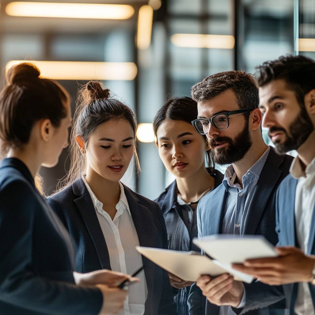 A group of five professionals in business attire engaged in discussion, examining documents and notes in a modern office setting.
