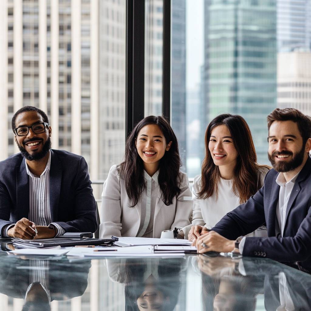 A diverse group of four professionals smiles at a conference table with papers and a coffee cup, set against a city skyline backdrop.