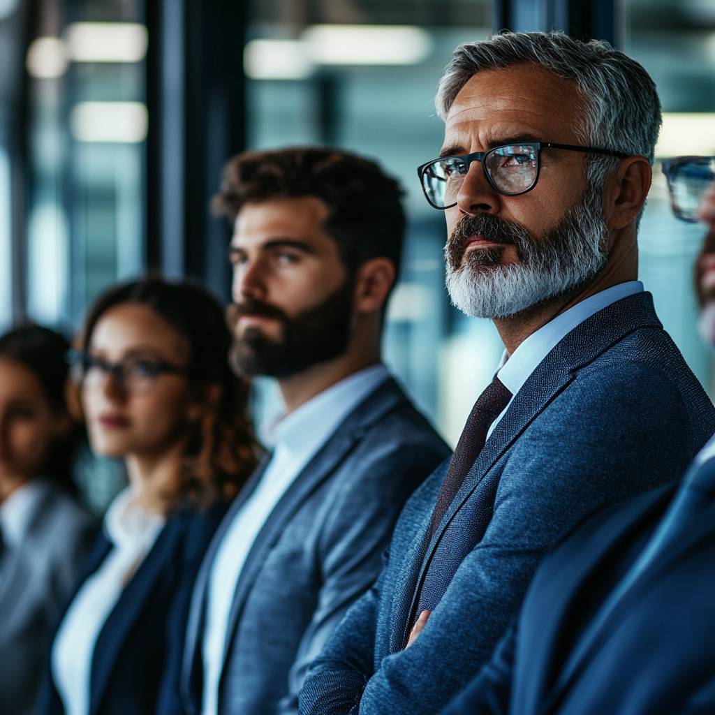 A group of diverse professionals stands in a modern office setting, focusing intently as they engage in a serious conversation or meeting.