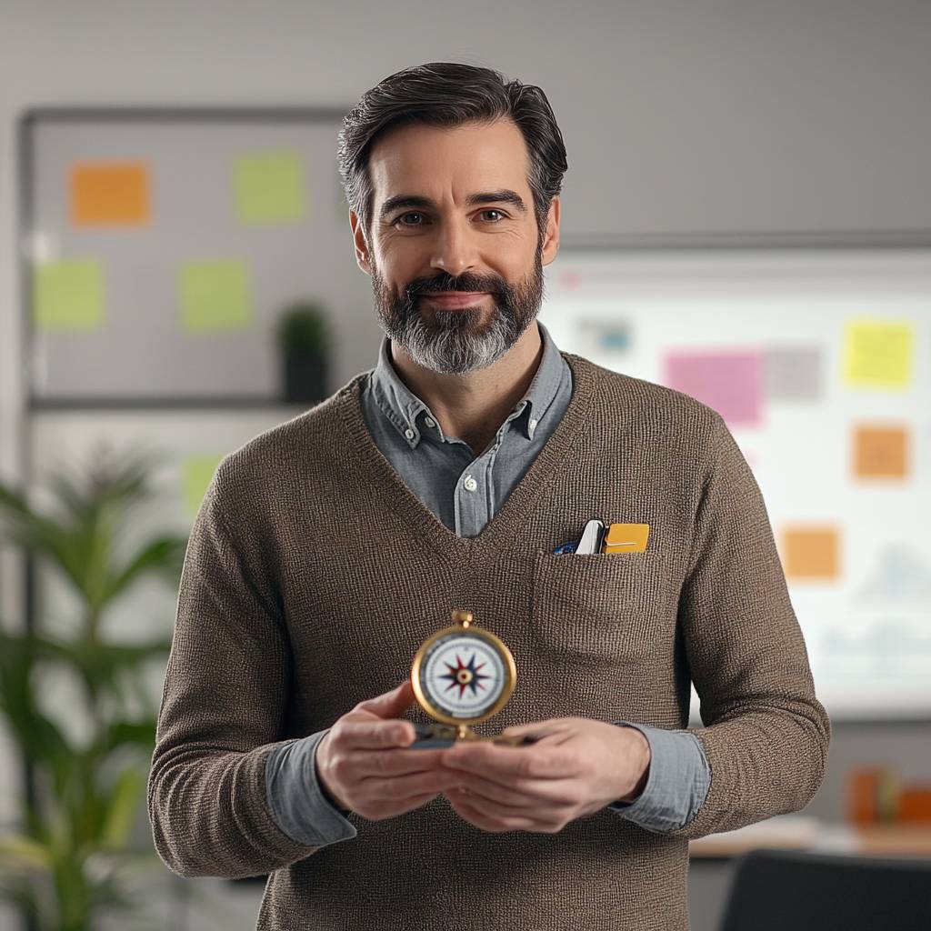 A smiling man with a beard holds a compass in an office setting, wearing a brown sweater over a light blue shirt with pens in his pocket.