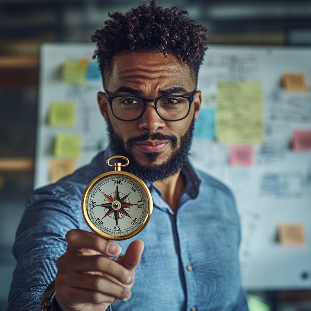 A man with curly hair and glasses holds a compass in front of a whiteboard covered with colorful sticky notes and diagrams.