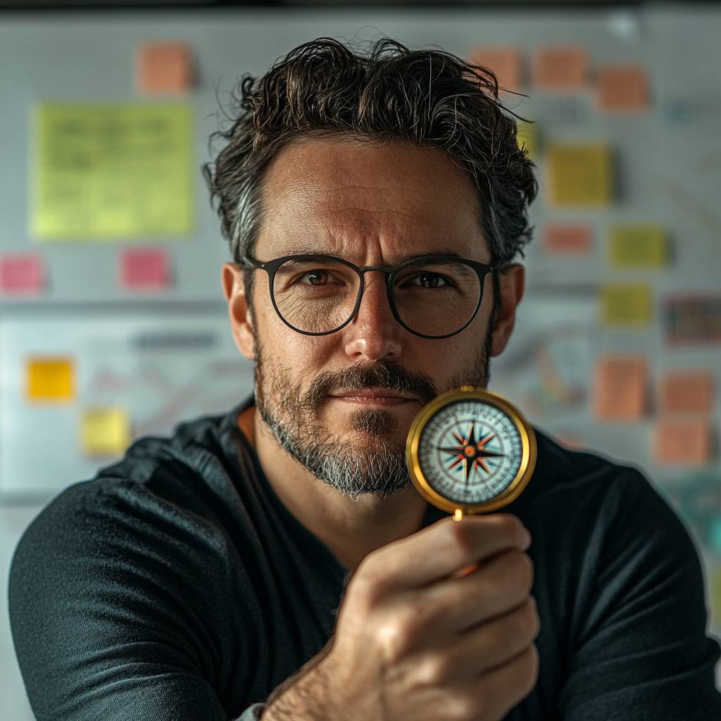 A man with glasses and a beard holds a compass, looking intently at the camera, with colorful sticky notes visible in the background.