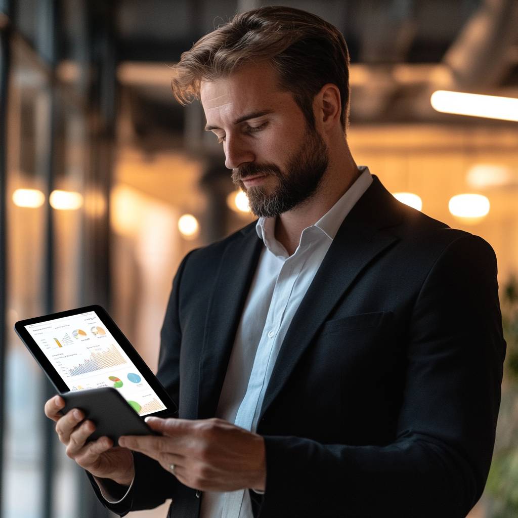 A man in a dark suit holds a tablet displaying graphs and charts, focusing intently while standing in a well-lit office environment.
