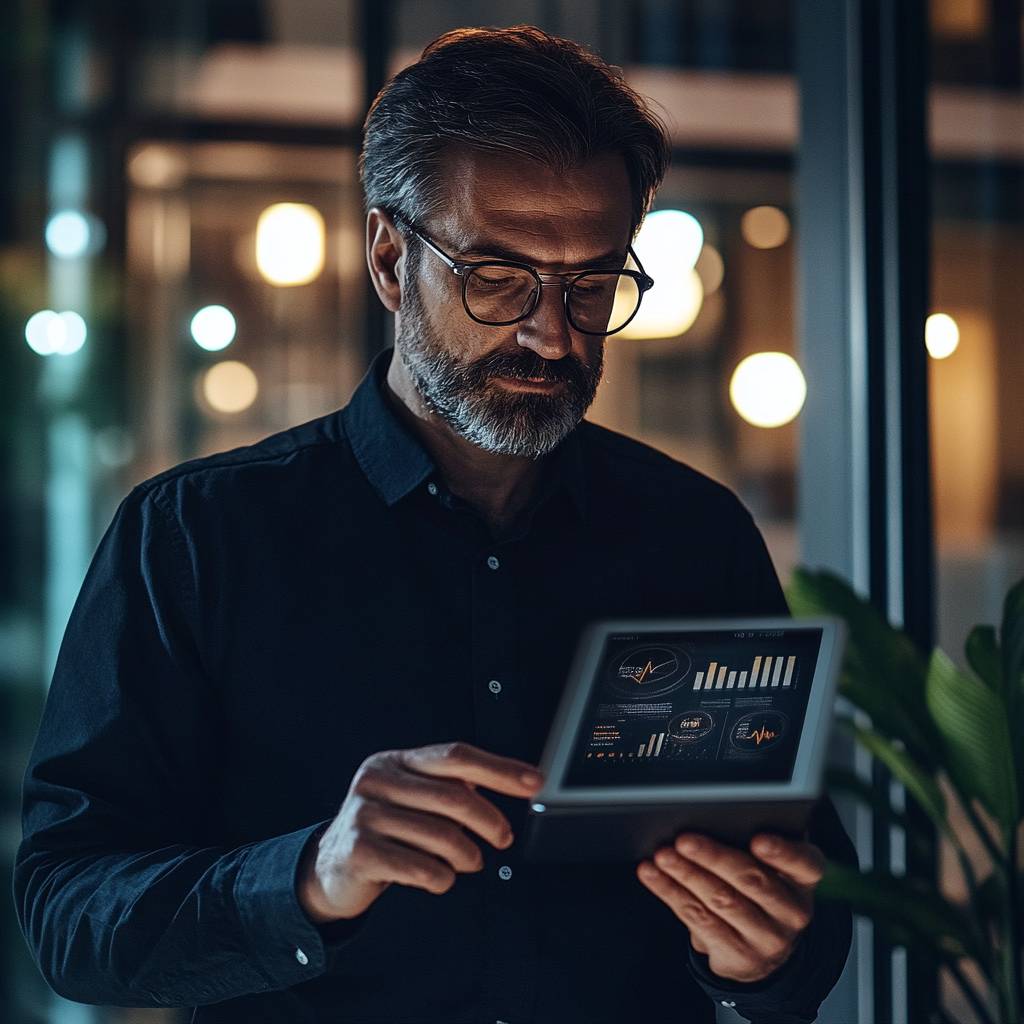 A man with glasses and a beard studies a digital tablet displaying charts and graphs, surrounded by a softly lit modern office environment.