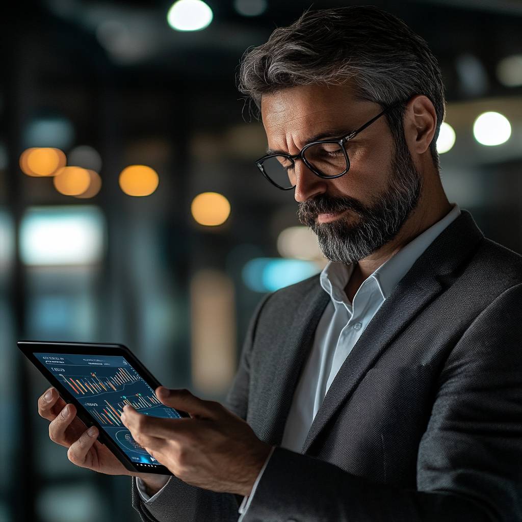 A middle-aged man with a beard and glasses, wearing a dark suit, focuses on a tablet displaying data analytics in a softly lit environment.