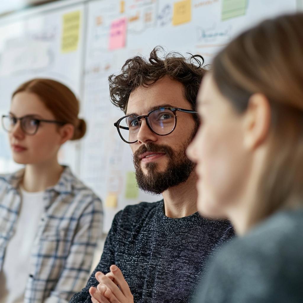 A man with curly hair and glasses is looking attentively, while two women sit beside him, all engaged in a meeting in front of a whiteboard covered in notes.