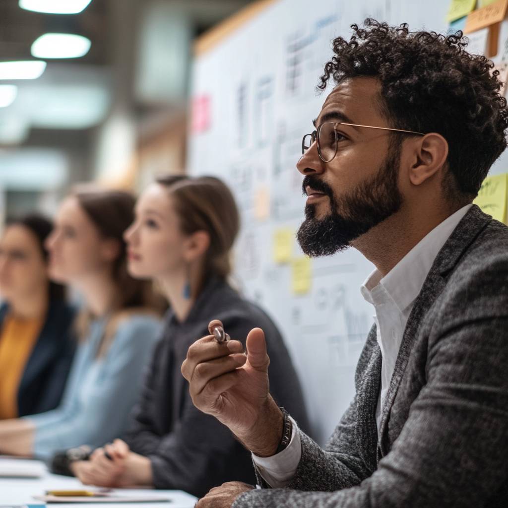 A man in a gray suit holds a pen, looking thoughtfully during a meeting with three women in the background, a whiteboard filled with notes visible.