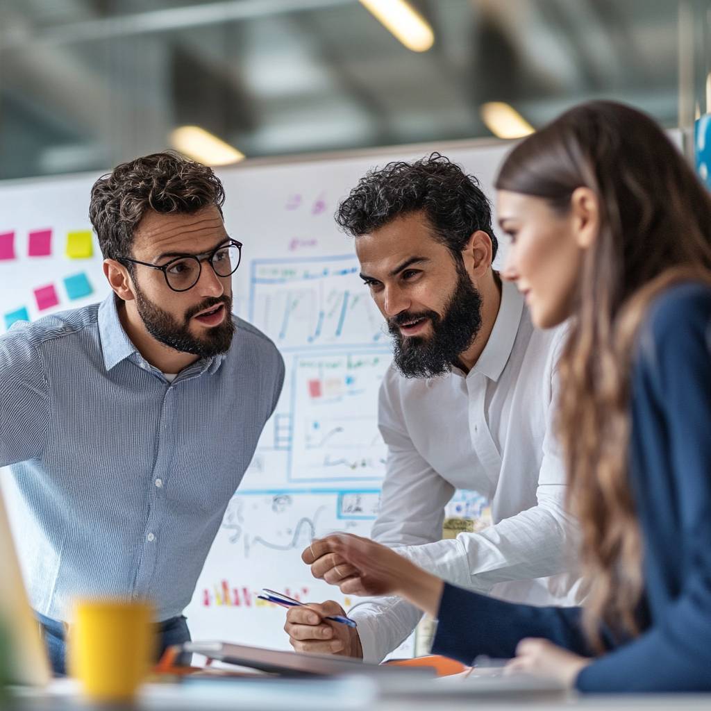 Three professionals in a modern office discuss projects, surrounded by charts and colorful sticky notes, with one holding a pen and pointing at a document.