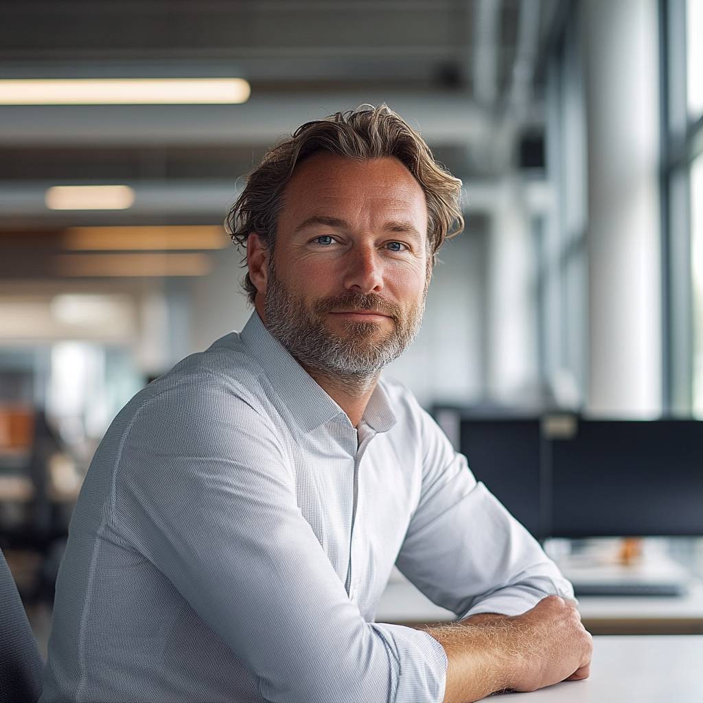 A man with wavy hair and a beard is sitting at a desk in a modern office, looking confidently at the camera with a neutral background.