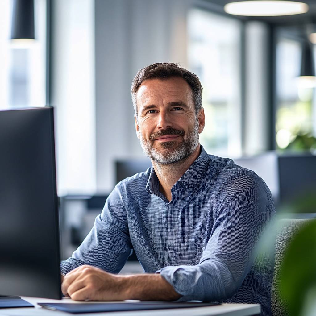 A middle-aged man with a beard smiles while sitting at a desk, with a computer monitor in front of him and a bright, modern office background.