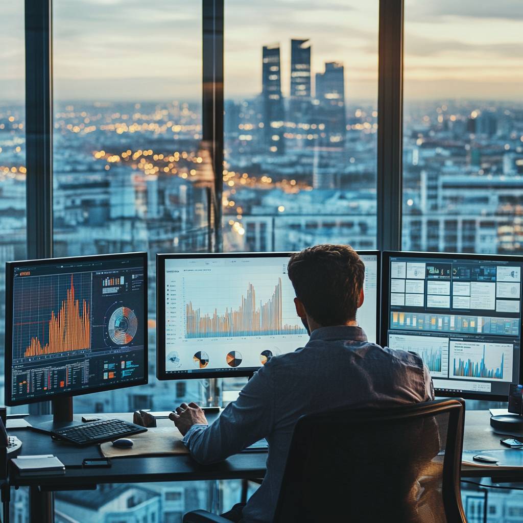 A man sits at a desk in front of multiple computer screens displaying various data visualizations, with a city skyline visible through large windows.