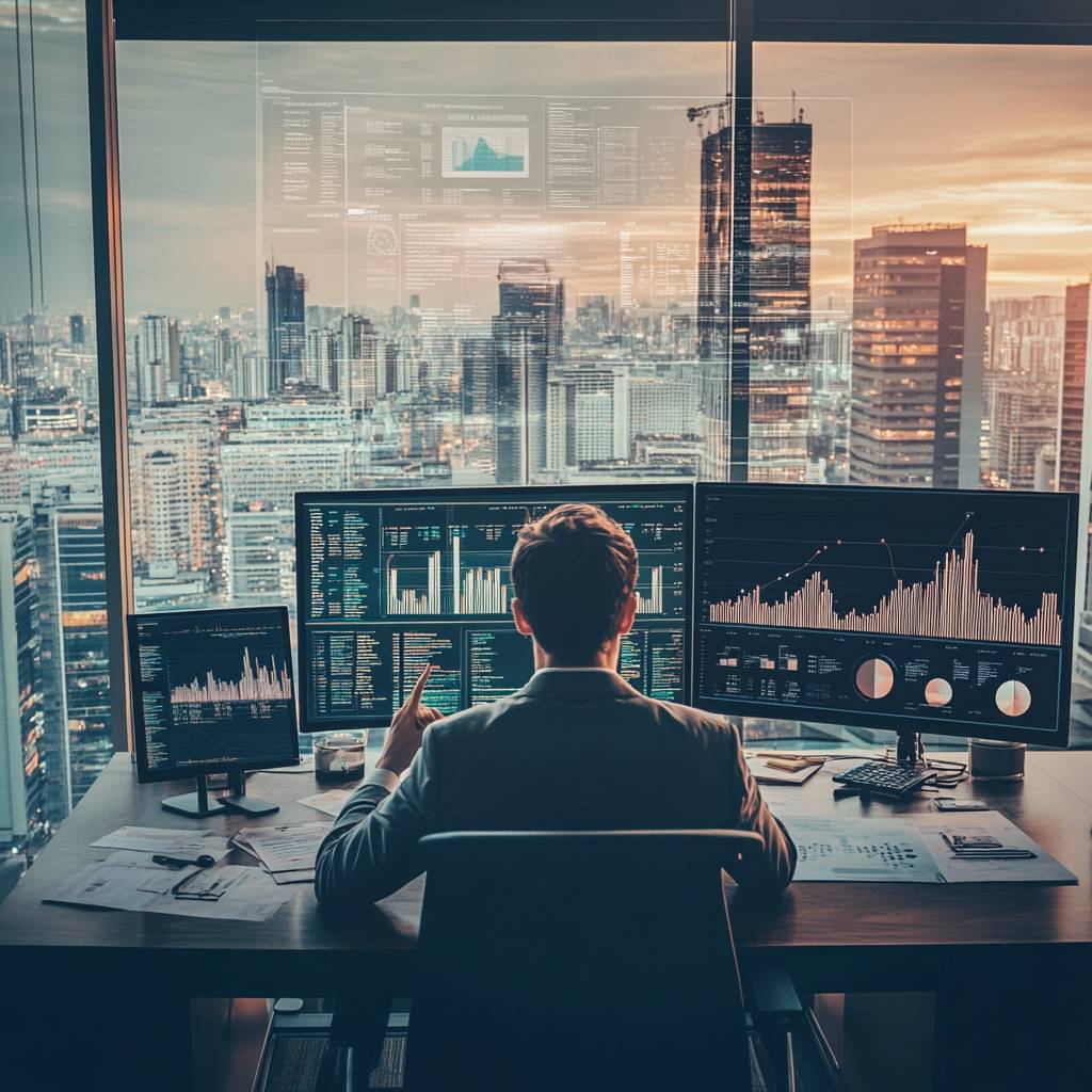 A professional man in a suit analyzes data on multiple screens in a modern office overlooking a city skyline at sunset.
