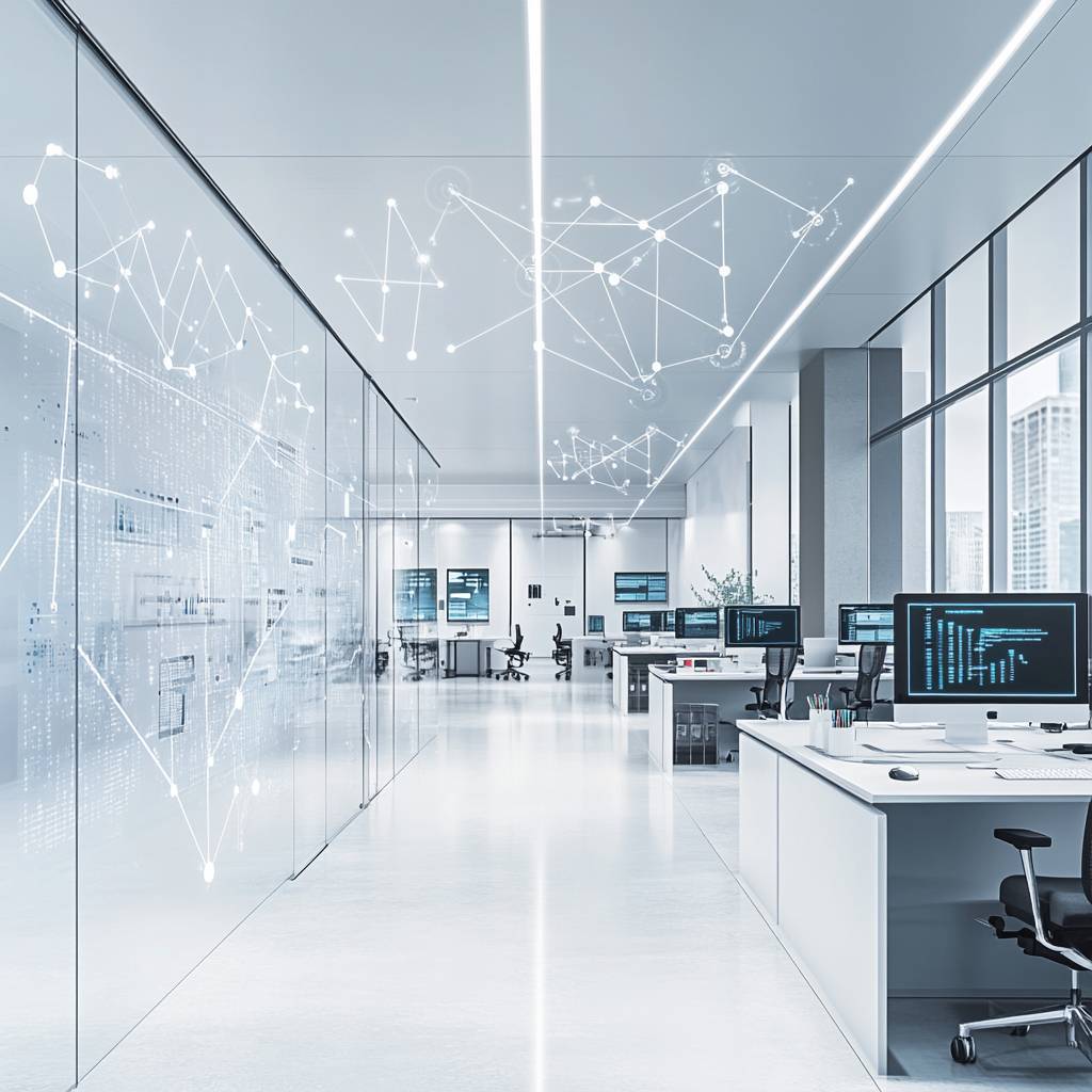 A modern office space featuring sleek desks with multiple computer screens, glass walls adorned with digital graphics, and a bright, open layout.