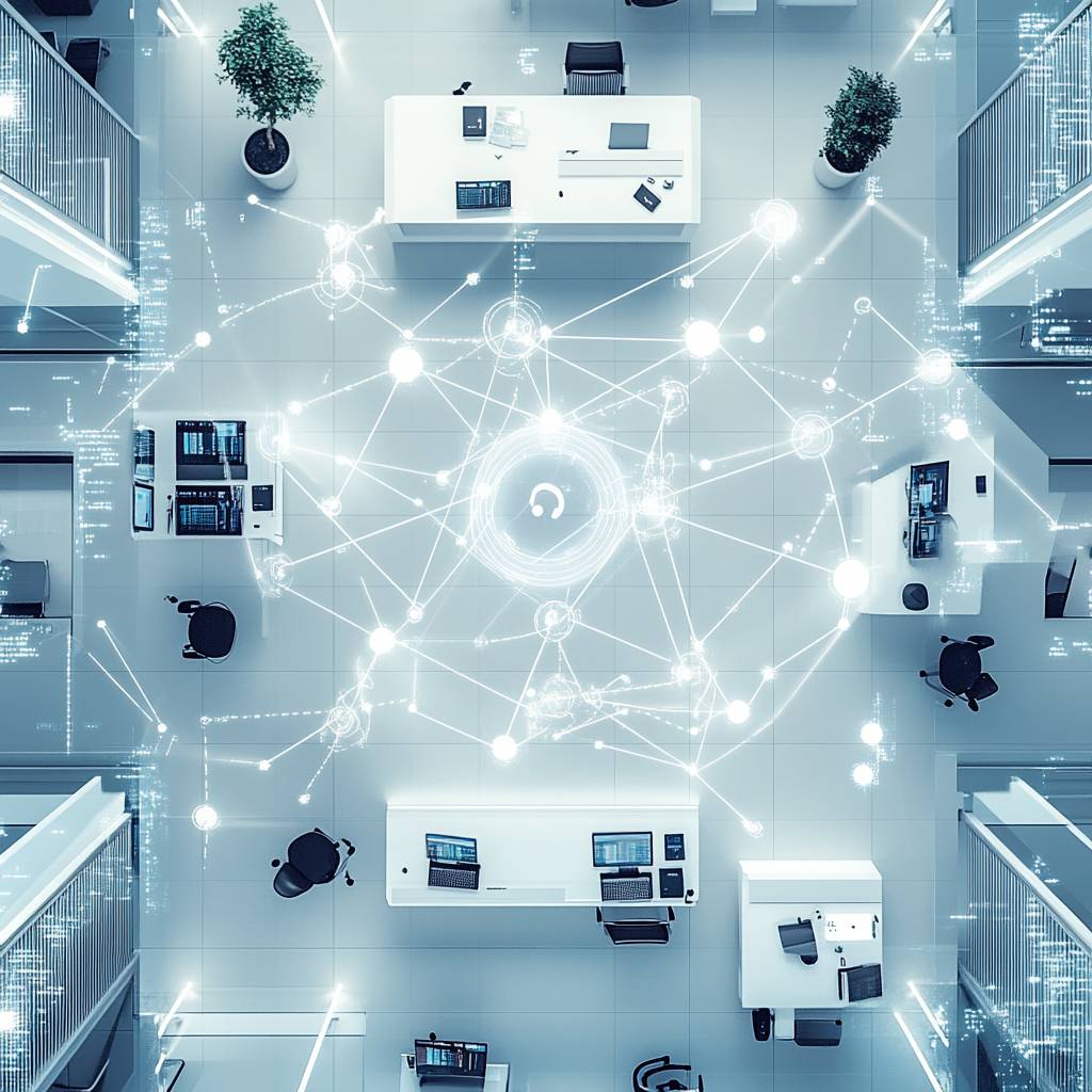 An aerial view of a modern office space featuring white desks with computers, plants, and a digital network overlay illustrating connectivity.