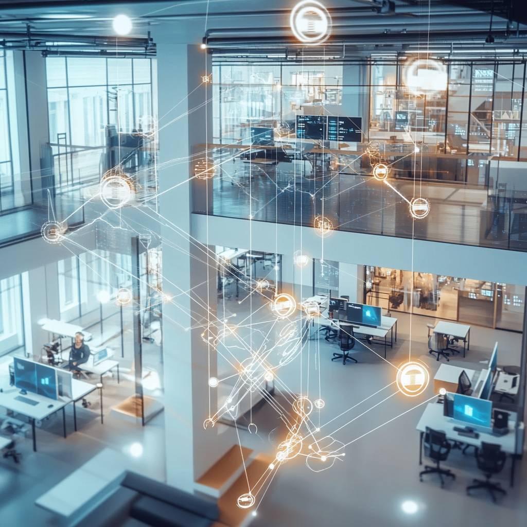 A modern office interior with multiple workstations, large windows, and digital connection icons overlaying the space, indicating a connected environment.