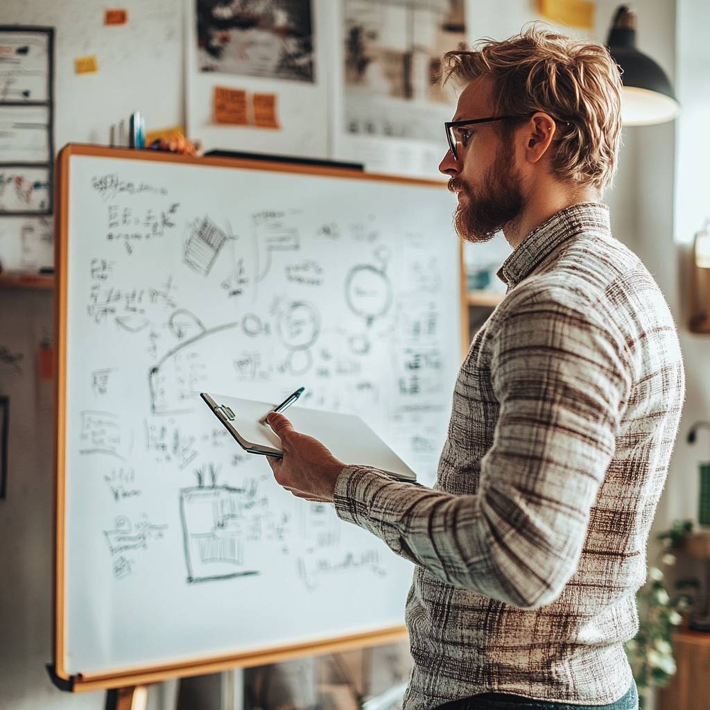 A man with a beard and glasses stands in front of a whiteboard covered in sketches and notes, holding a clipboard and pen, deep in thought.