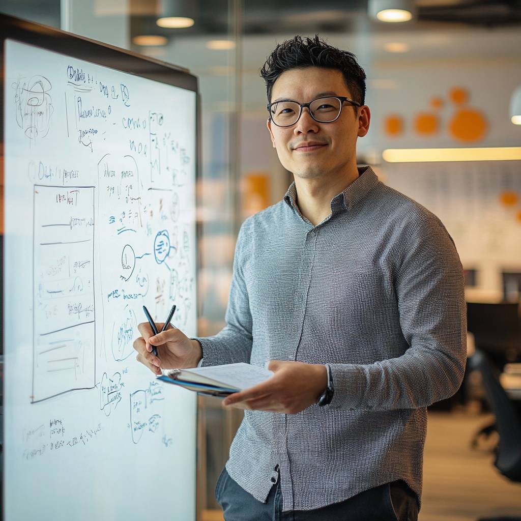 A man stands beside a whiteboard filled with notes and diagrams, holding a notebook in one hand and a pen in the other, smiling confidently.