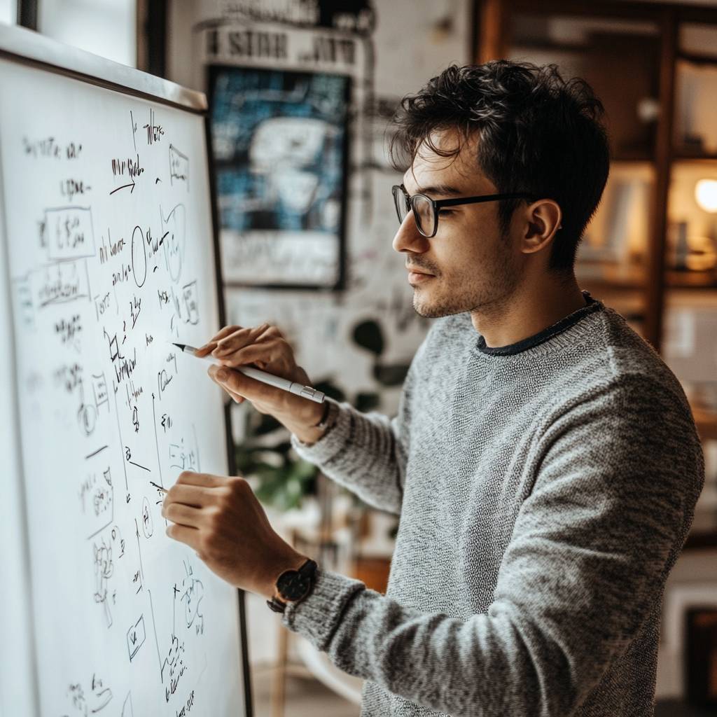 A young man with glasses stands by a whiteboard, writing notes and diagrams, surrounded by a cozy, modern workspace with plants.