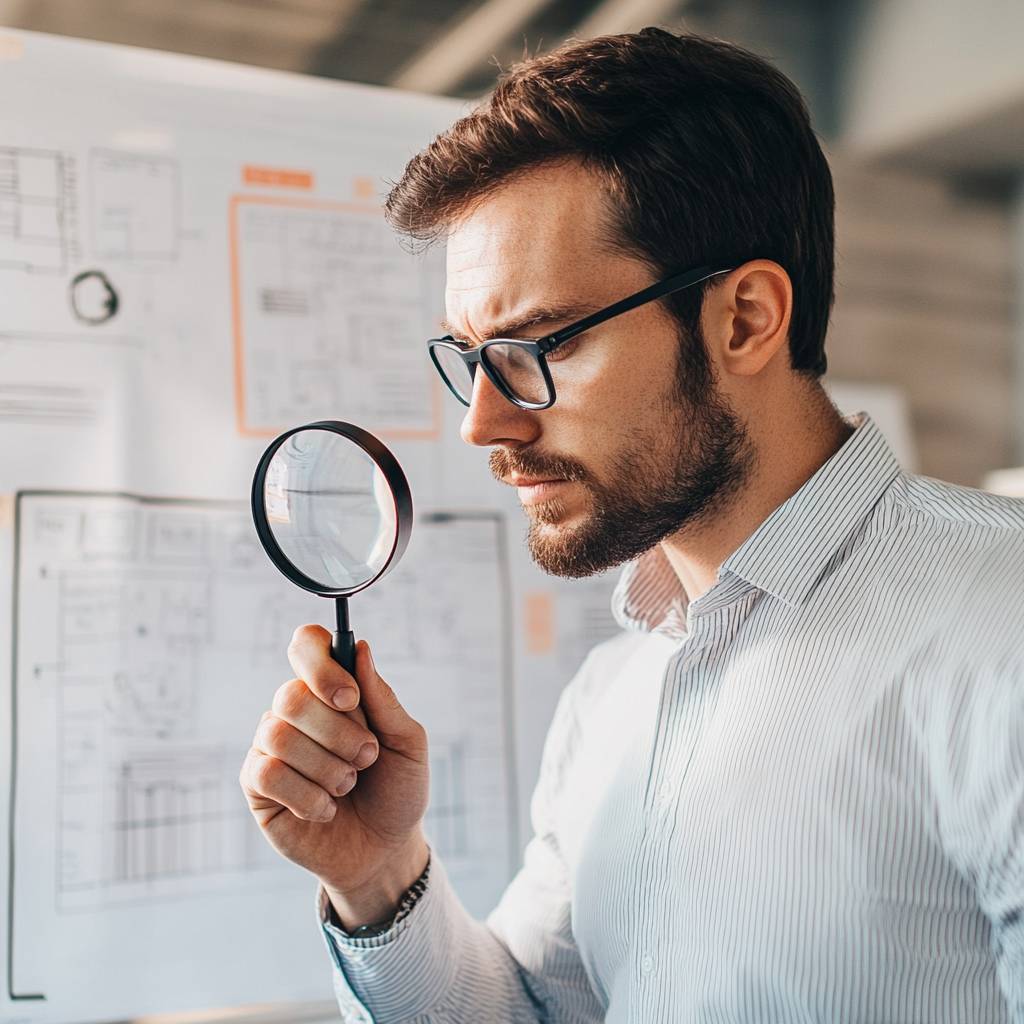 A man with glasses examines a document closely with a magnifying glass, standing in front of a board filled with technical drawings.