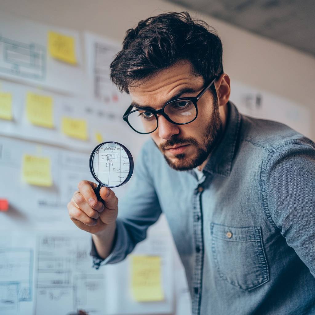 A man with glasses examines a blueprint through a magnifying glass, surrounded by sticky notes and design sketches on a wall.