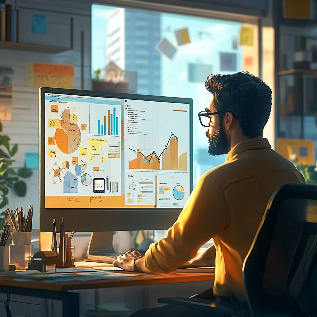 A person wearing a yellow shirt and glasses sits at a desk, analyzing various colorful graphs and charts displayed on a computer screen.