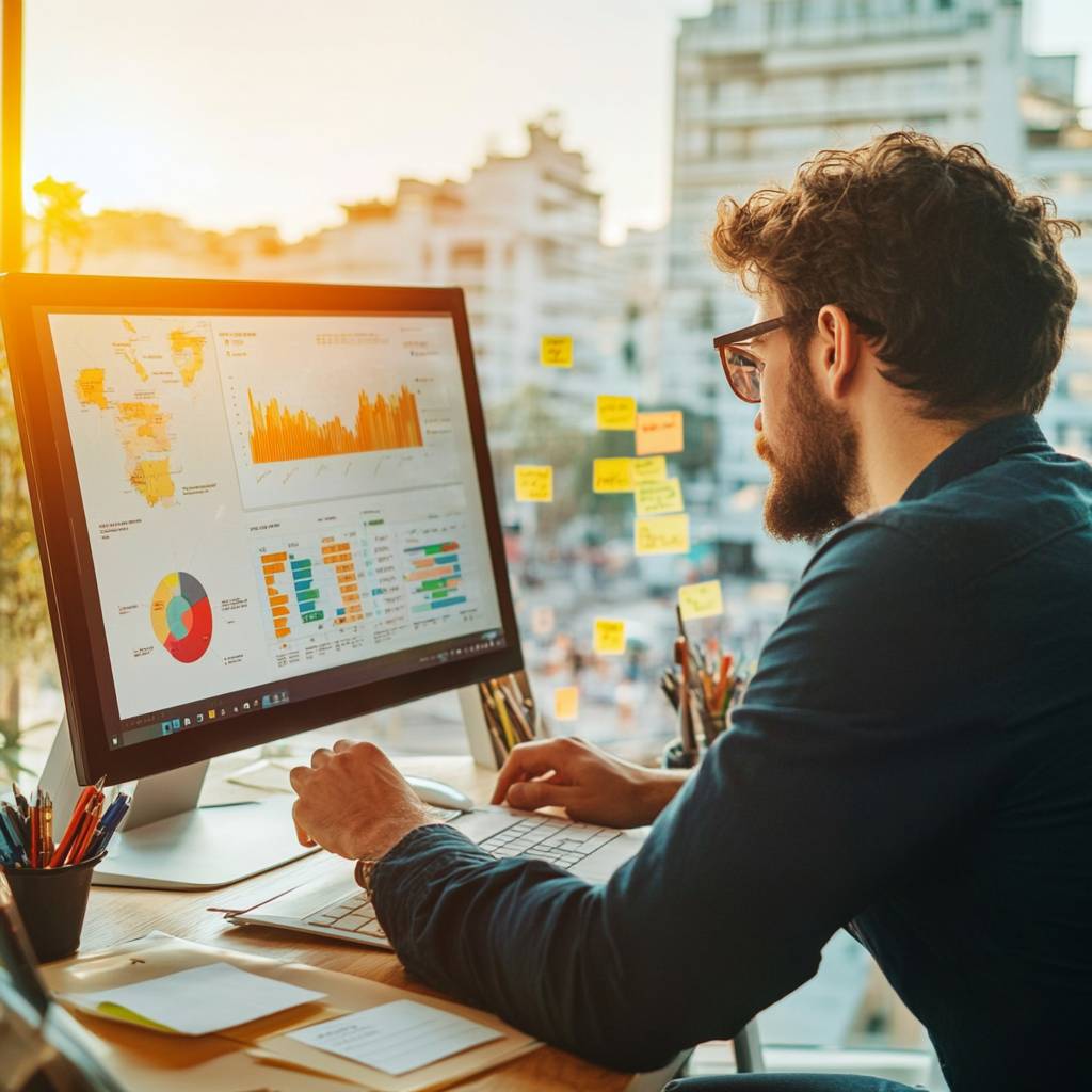 A man with curly hair and glasses focuses on a computer screen displaying various colorful charts and graphs while working at a desk.
