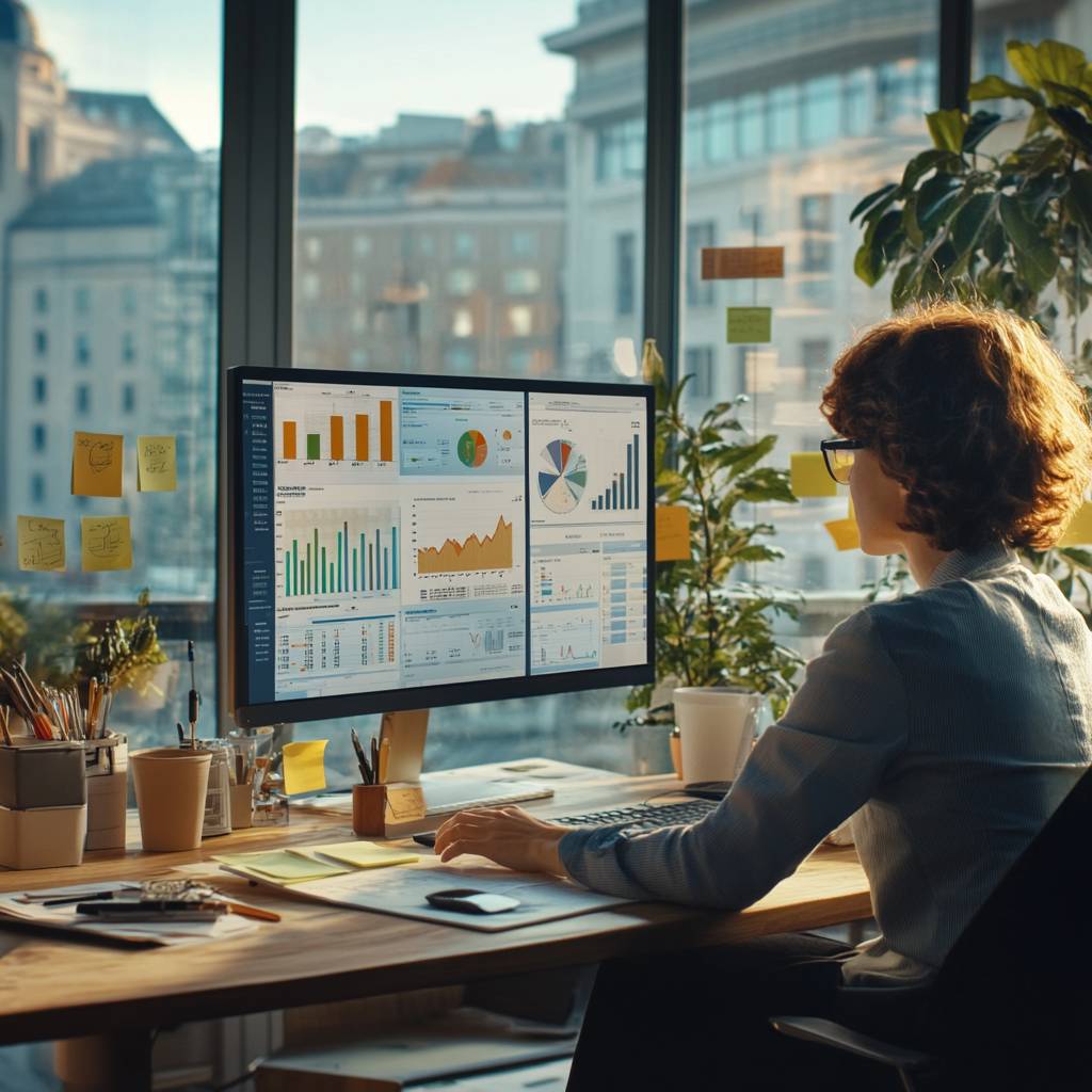 A person with curly hair and glasses works at a desk, analyzing data on a large monitor displaying various graphs and charts, surrounded by plants.