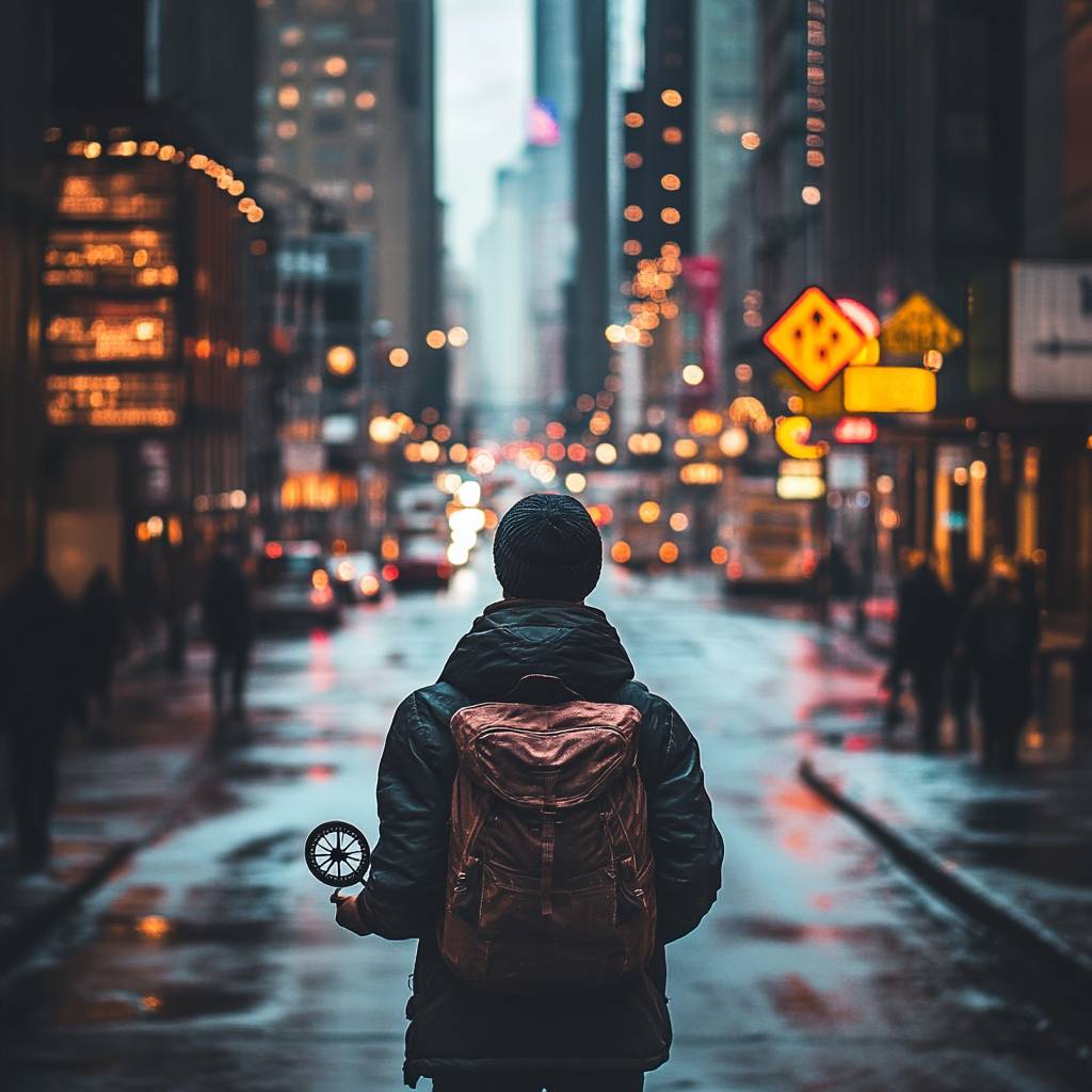 A person with a backpack stands on a rainy city street, holding a bicycle wheel, with blurred lights and tall buildings in the background.