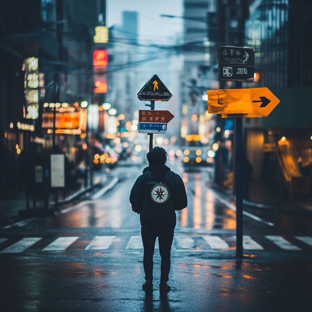 A person with a backpack stands at a city intersection, surrounded by street signs and blurred urban lights, reflecting a moody atmosphere.