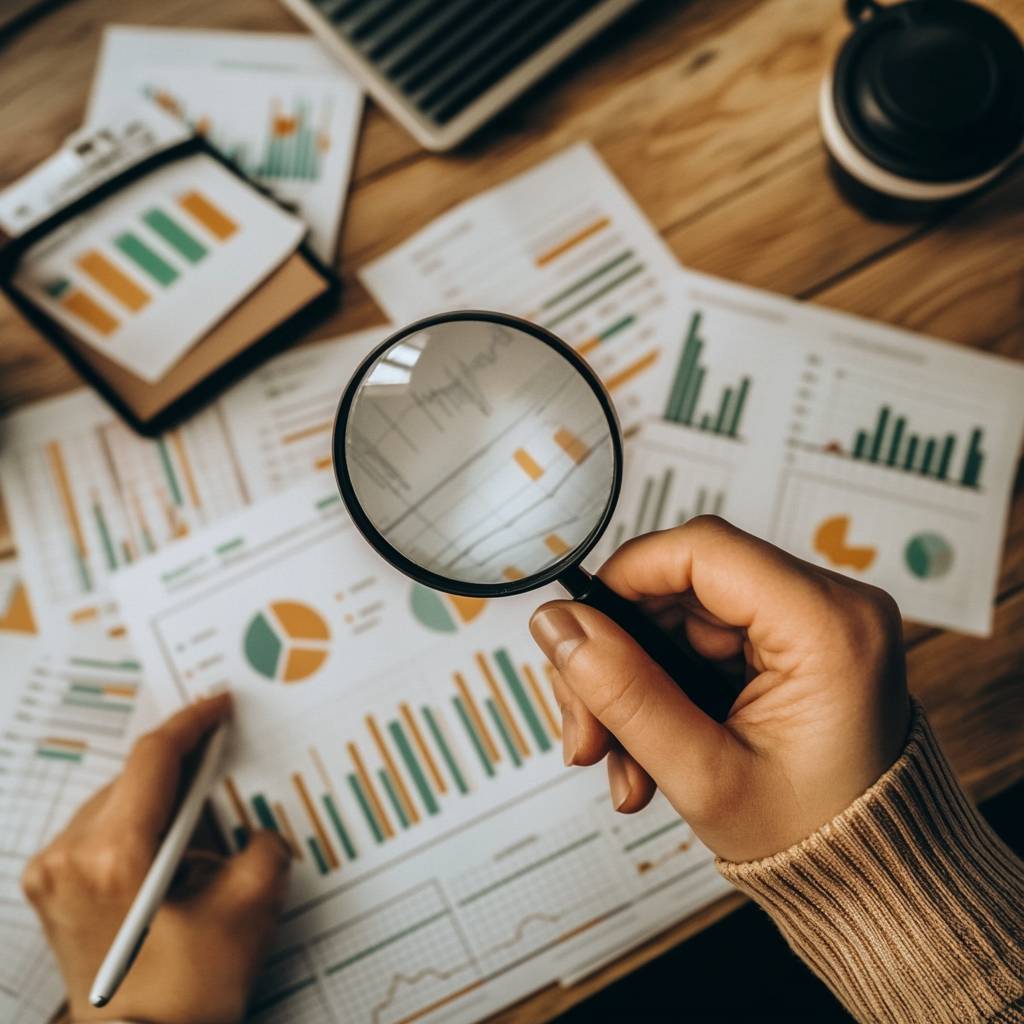 A person's hand holding a magnifying glass over printed graphs and charts on a wooden table, with a digital device and a mug in the background.