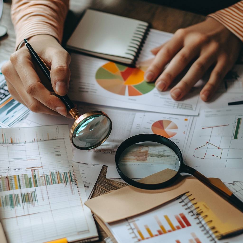 A person's hand holds a magnifying glass above various printed charts, graphs, and notes on a wooden table.