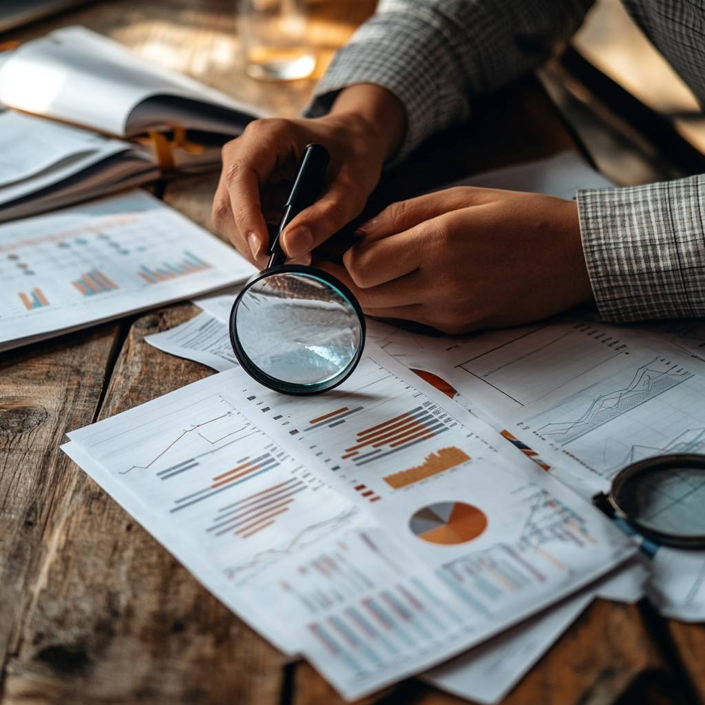 A person's hands holding a magnifying glass over financial reports and charts on a wooden table, with additional documents nearby.