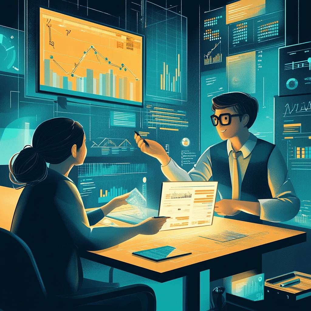 A man and woman are seated at a table, discussing data displayed on a tablet and a laptop, surrounded by digital charts and graphs on screens.