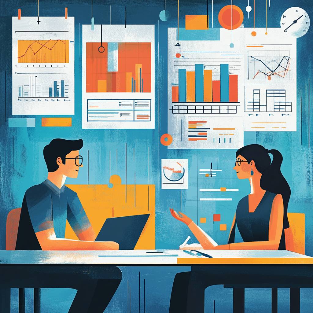 Two people in a modern office setting discuss data analysis, with colorful graphs and charts displayed on the walls around them.
