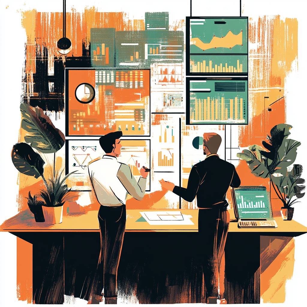 Two professionals discussing data in an office, surrounded by various charts and graphs on screens, with greenery and documents on a table.