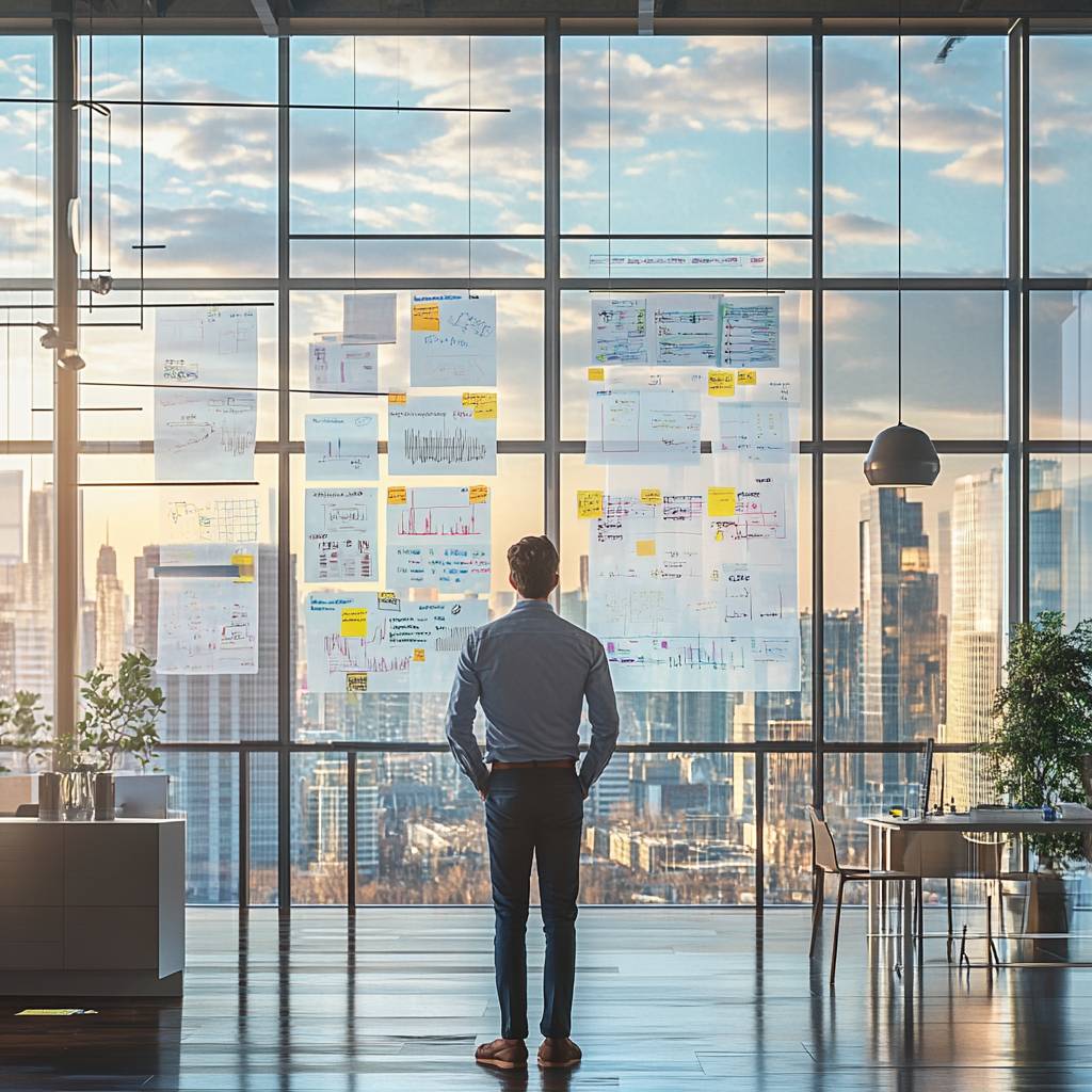 A man stands in an office, facing a glass wall covered with documents and notes, overlooking a city skyline at sunset.