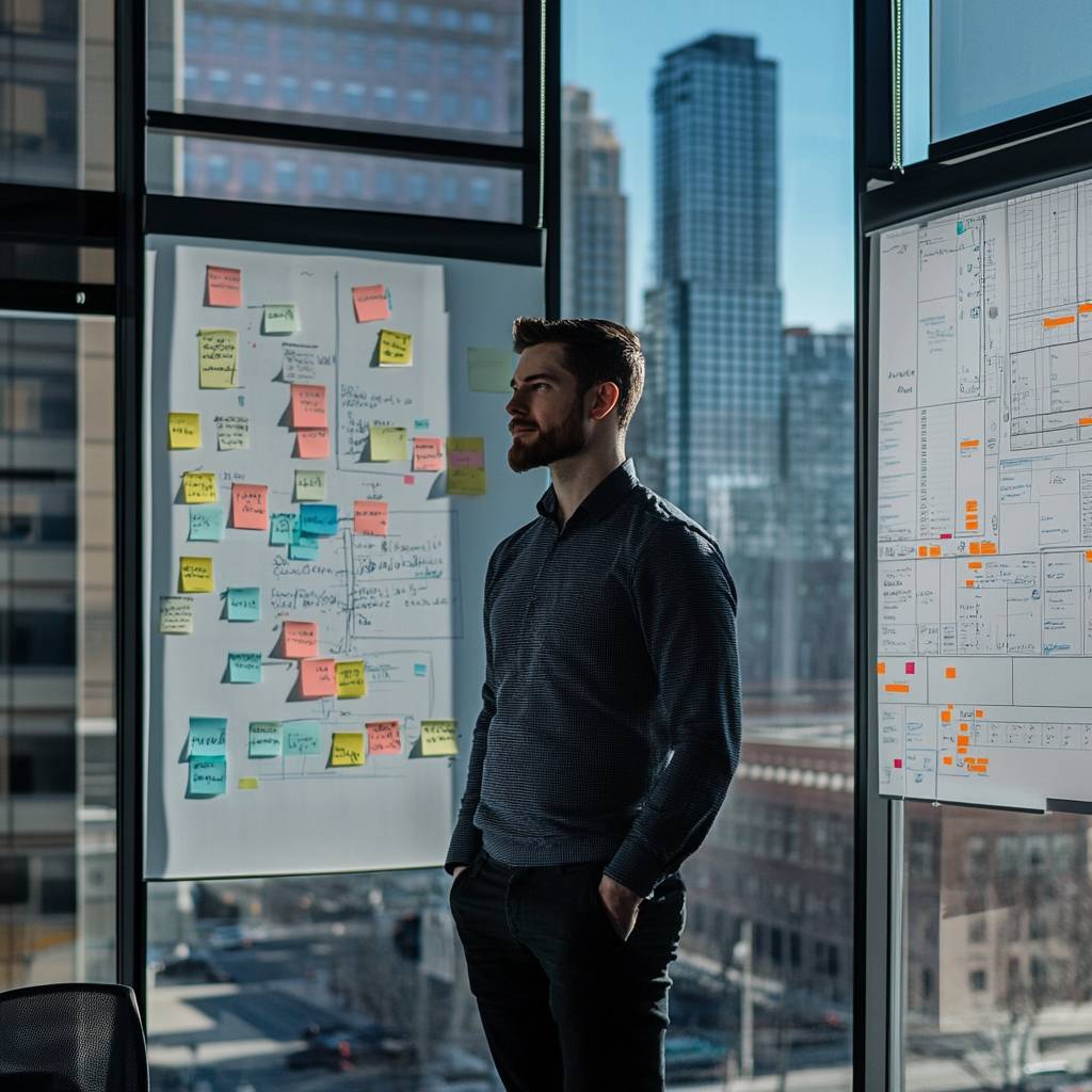 A man stands beside a large glass window in an office, with colorful sticky notes and documents on boards, overlooking a city skyline.