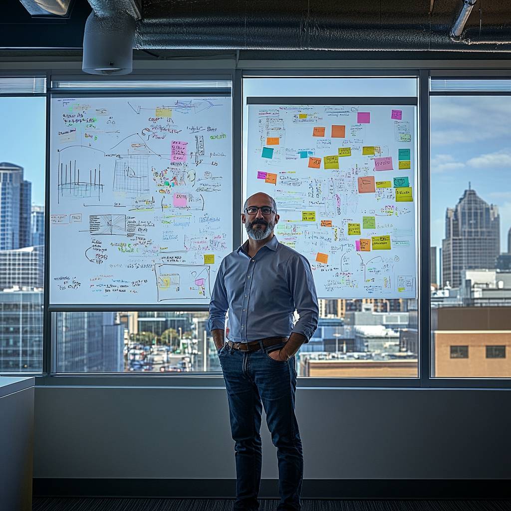 A man with a beard stands in front of large windows displaying whiteboards filled with colorful notes and diagrams, with a city skyline in the background.