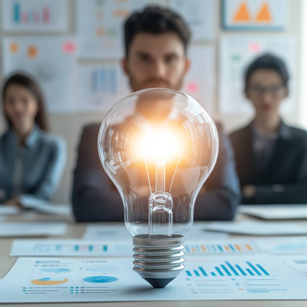 A bright light bulb shines in the foreground, with blurred colleagues discussing business charts and graphs in the background.