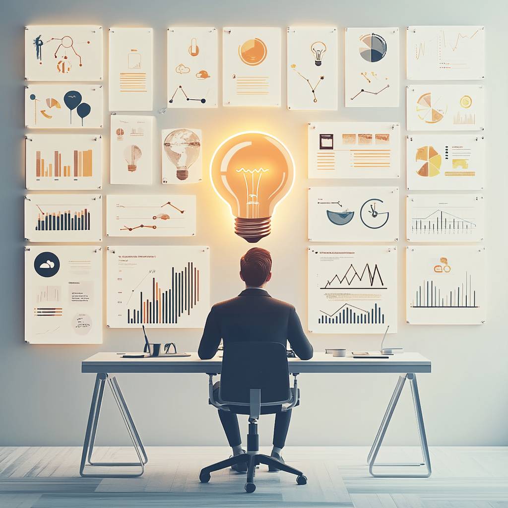 A businessman sits at a desk facing a wall covered with various charts and graphs, illuminated by a glowing light bulb above.