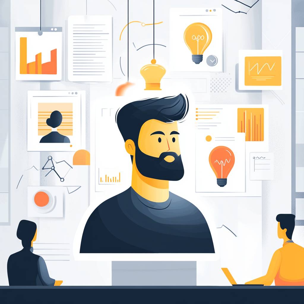A digital illustration of a man with a beard and stylish hair, surrounded by various documents and light bulb icons, suggesting a brainstorming session.